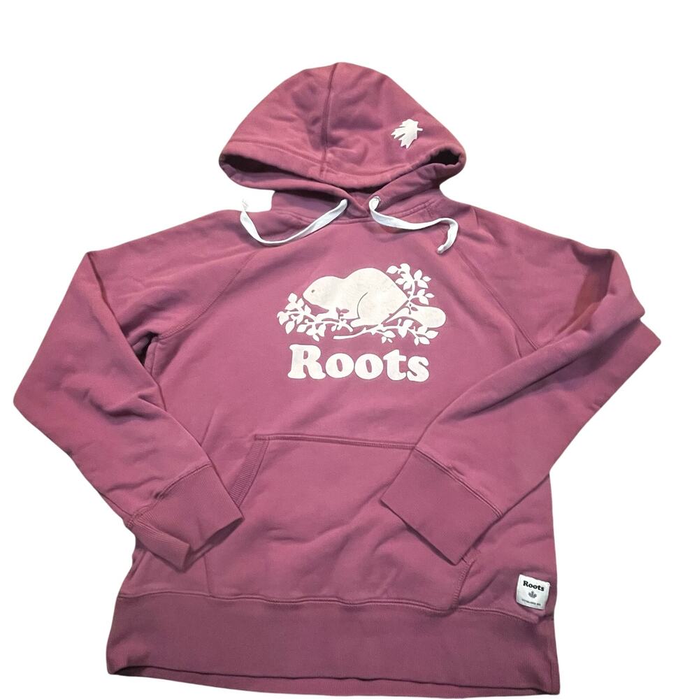 Roots Pink Hoodie Womens Medium Beaver Canada Kanga Maple Leaf Pullover